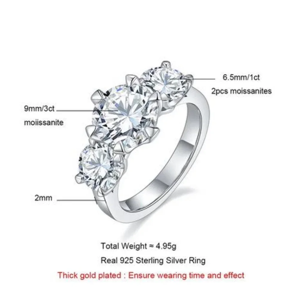 Certified 5ct. t.w. Moissanite Diamond Three Stone Engagement Ring NEW